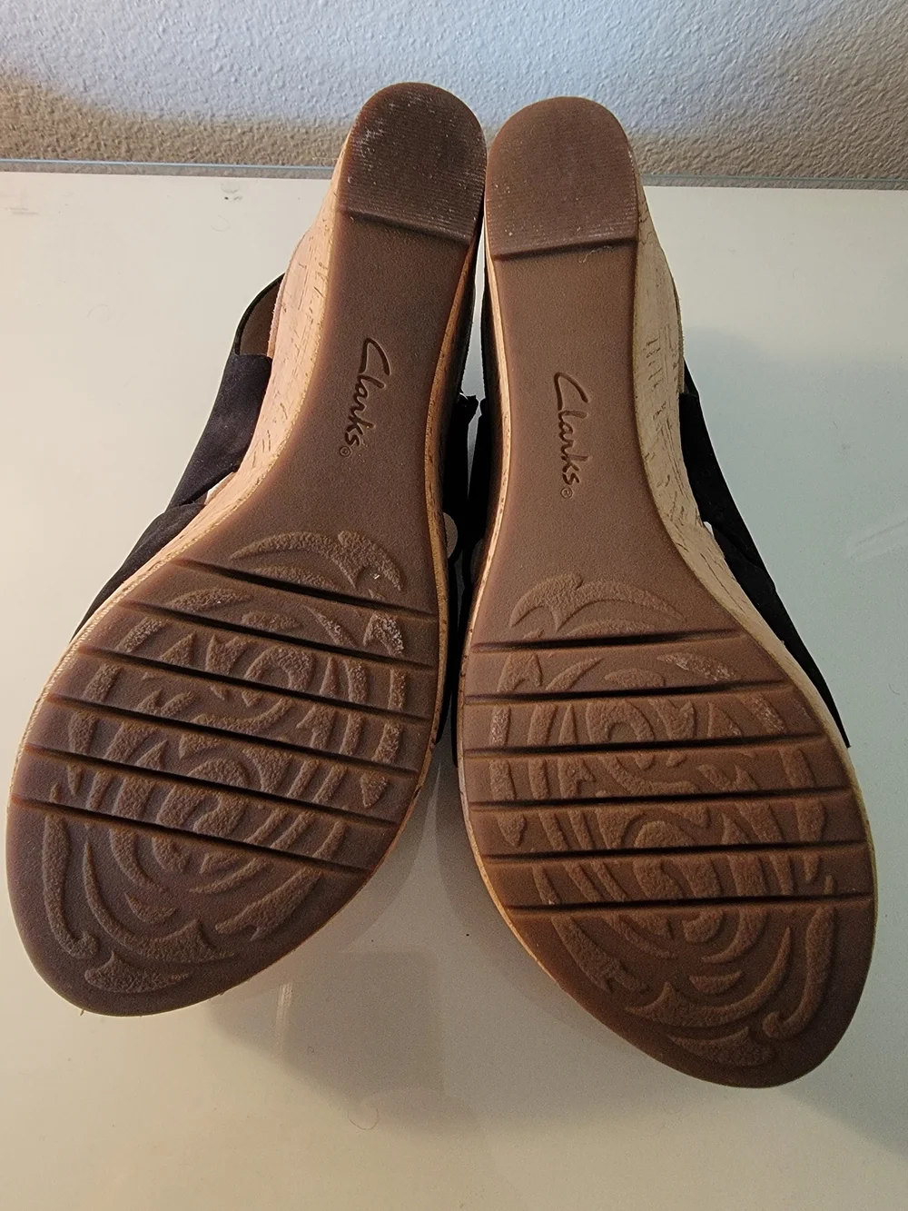 Clarks Artisan Black Suede Cork Wedge Slingback Sandals